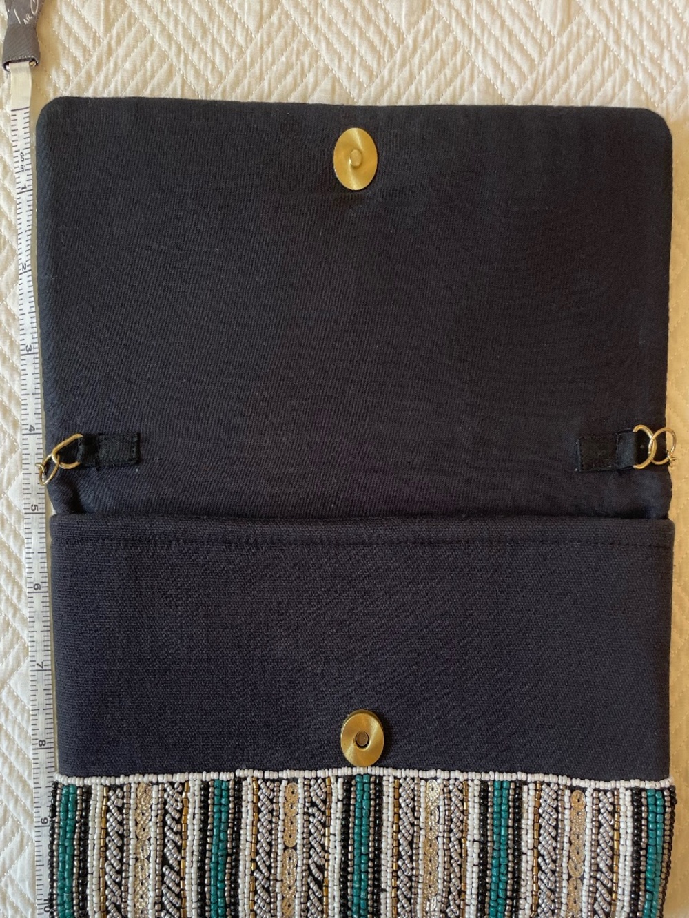 Beaded teal/silver/gold stripped clutch crossbody with optional gold chain strap - Picture 3 of 12
